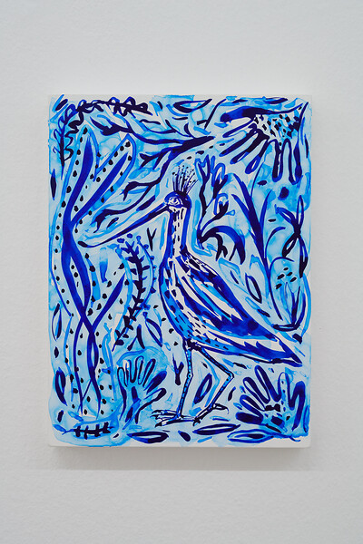 Ein gut gelaunter Löffler, 2025 &ndash; 24 x 18 cm; Tusche auf Holz; Foto: Annette Kradisch