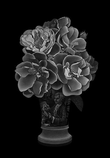 Rose Jean-Jacques Rousseau in einer Vase mit einem Porträt von Jean-Jacques Rousseau, 2025 &ndash; 29,7 x 21 cm; Hinterglasmalerei; (Foto: Studio Thilo Westermann)