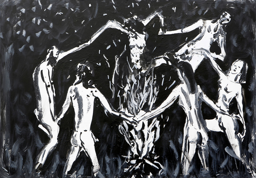 Der Freudentanz, 2019 &ndash; 70x100 cm; Tusche und Acryl auf Leinwand; Foto: Tobias Tragl