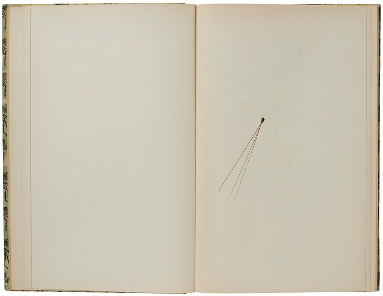 Ohne Titel (aus der Serie bearb. Bücher - Inselbücherei), 2020 &ndash; 18,5 x 24,1 x 1,5 cm; Insel Bücherei Nr. 725, mit Skalpell bearbeitet, Nylonfaden; Foto: Annette Kradisch