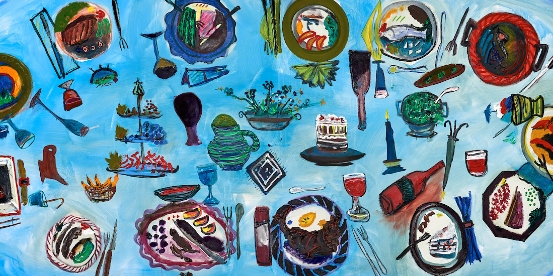 Detail aus Sebastian Tröger, "Das nächste Abendmahl", 2015 &ndash; 150 x 270 cm; Öl/Acryl/Leinwand; Foto: Tim Hufnagl