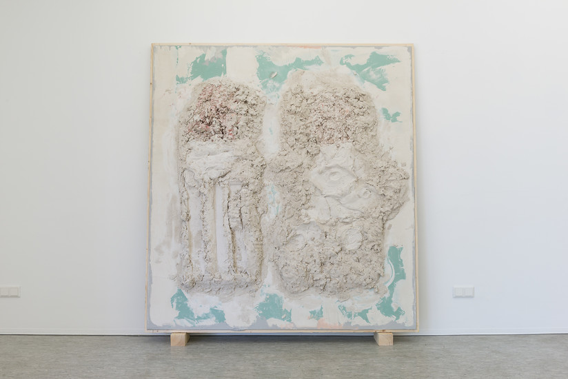 Ohne Titel, 2019 &ndash; 203 x 183 cm;
Putz, Pigment auf Gipskarton und Holz; Foto Annette Kradisch