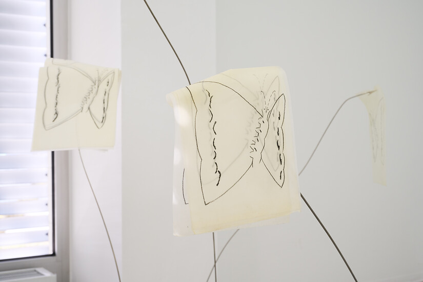 Schmetterlinge, 2026 &ndash; Maße variabel; Holzkohle auf Papier, Metallstange; (Foto: Annette Kradisch)