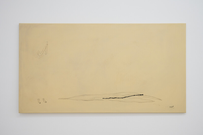 Der Tag, an dem die Blume gestorben ist, 2025 &ndash; 70 x 130 cm; Öl, Holzkohle auf Leinwand; (Foto: Annette Kradisch)